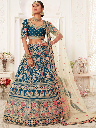 Blue Rose Embroidered Silk Bridal Lehenga Choli